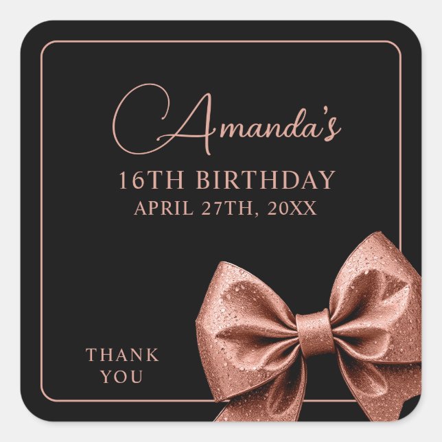 Sticker Carré Chic Rose Parties scintillant or Bow Sweet 16 Anni (Devant)