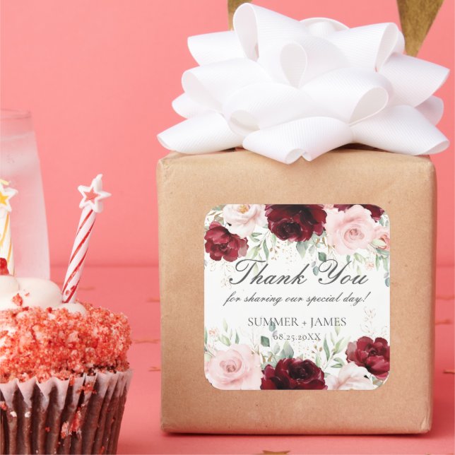 Sticker Carré Chic Rouge Bourgogne Blush Rose Roses Mariage Flor (Fête)