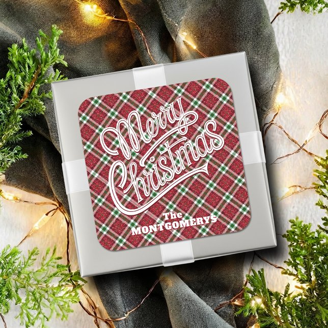 Sticker Carré Chic Sparkly Plaid Christmas  (Chic faux sparkly plaid Christmas square stickers - 3" shown or 1-1/2")