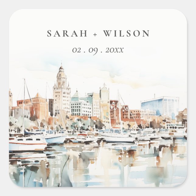 Sticker Carré Chic Tampa Floride Skyline Mariage d'aquarelle (Devant)