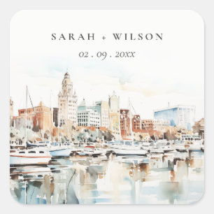 Sticker Carré Chic Tampa Floride Skyline Mariage d'aquarelle