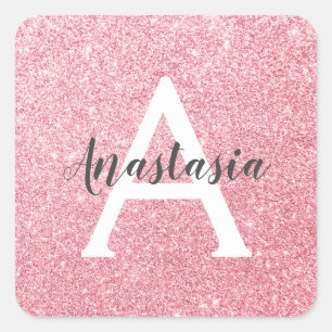 Sticker Carré Chic & Tendance Rose Or Paillettes Pailleté Monogr