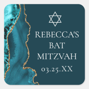 Sticker Carré Chic Turquoise Gold Agate Bat mitzvah Party