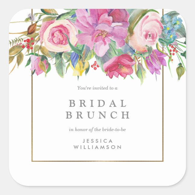 Sticker Carré Chic Watercolor Floral Bridal Brunch (Devant)