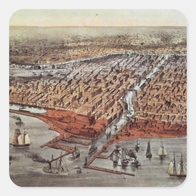 Sticker Carré Chicago Tel qu'il était, vers 1880 (Devant)