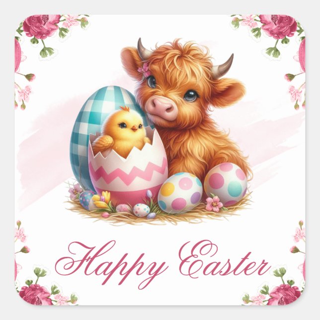 Sticker Carré Chick, Cow & Easter Eggs Happy Easter (Devant)