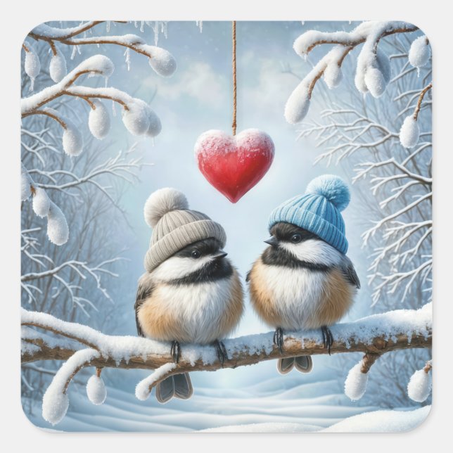 Sticker Carré Chickadee d'hiver au coeur rouge (Devant)