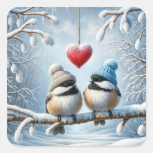 Sticker Carré Chickadee d'hiver au coeur rouge
