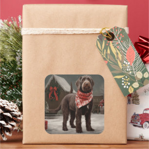 Sticker Carré Chien à poil dur dans un Noël enneigé