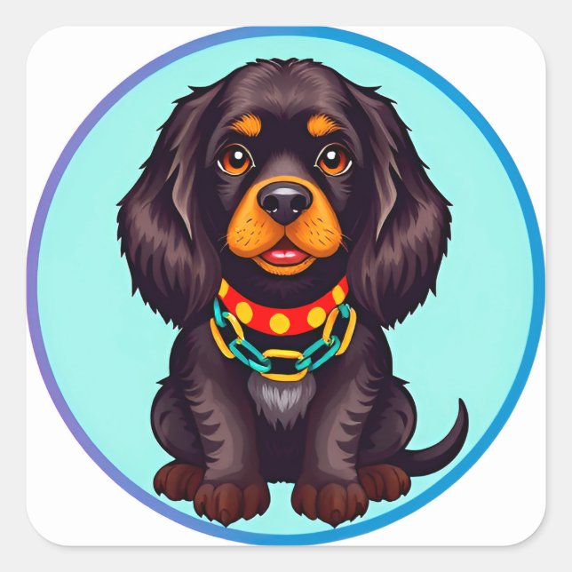 Sticker Carré Chien animé mignon avec collier (Devant)
