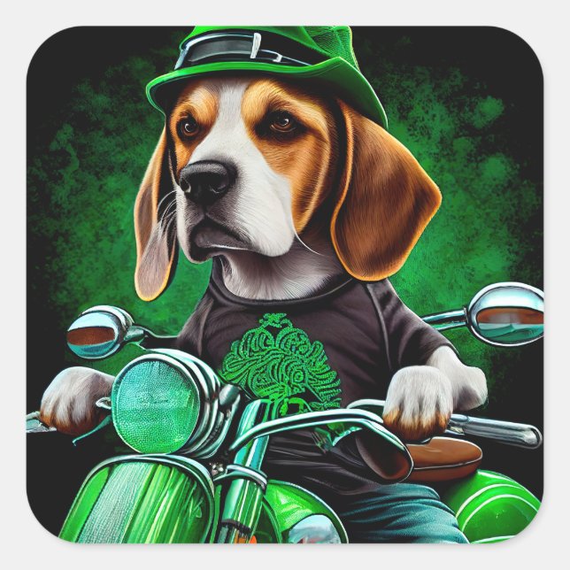 Sticker Carré Chien Beagle conduisant un vélo Saint-Patrick (Devant)
