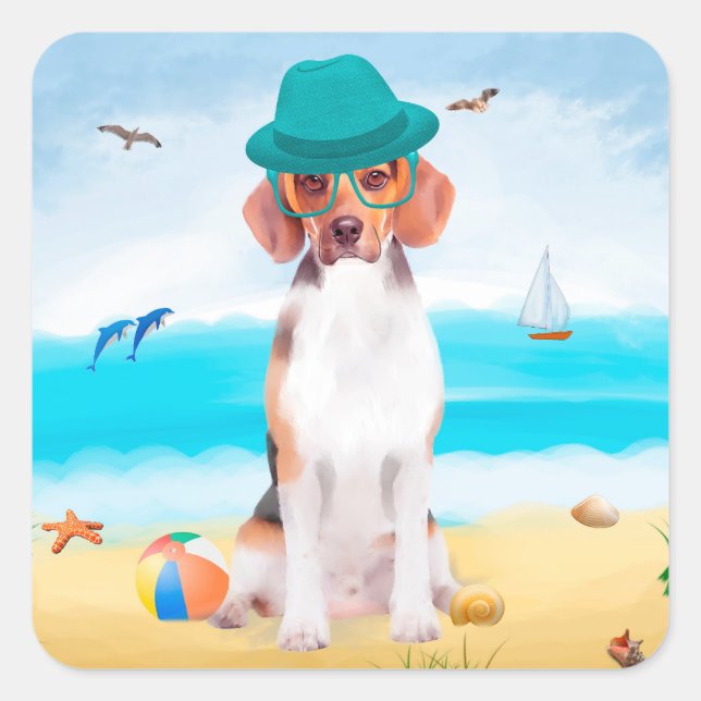 Sticker Carré Chien Beagle sur la plage (Devant)