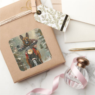 Sticker Carré Chien belge Malinoi équitation moto Noël