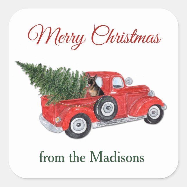 Sticker Carré Chien berger allemand Aquarelle Chariot de Noël (Devant)