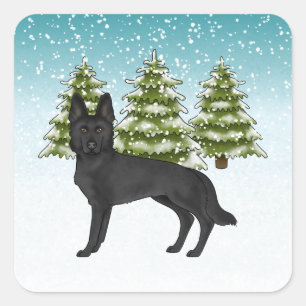 Sticker Carré Chien Berger Allemand Noir Forêt Verte Hivernale B