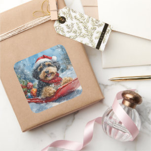 Sticker Carré Chien Bernedoodle dans un traîneau Laissez neige N
