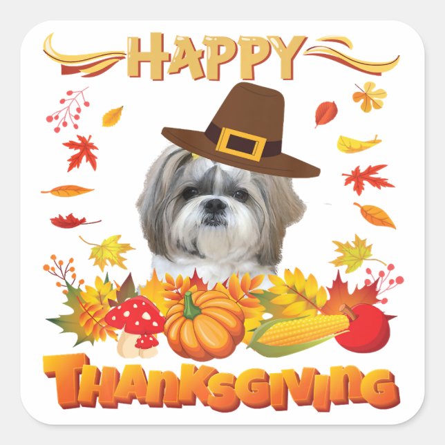 Sticker Carré Chien bon thanksgiving Shih Tzu | Je suis heureux (Devant)
