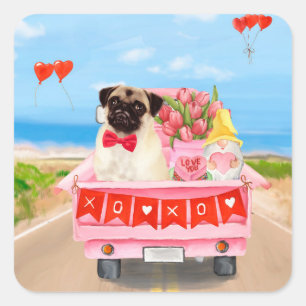 Sticker Carré Chien Carlin Camion de la Saint-Valentin Cœurs