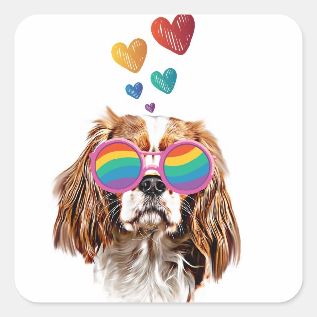 Sticker Carré Chien Cavalier King avec coeurs Saint-Valentin (Devant)