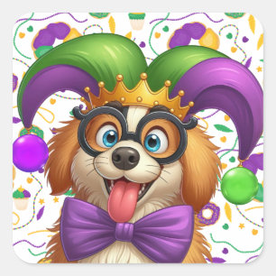 Sticker Carré Chien chiot mignon Mardi Gras en casquette jester