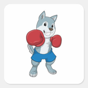 Sticker Carré Chien comme boîte avec gants de boxe