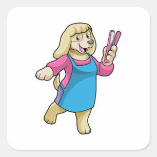 Sticker Carré Chien comme coiffeur avec peigne