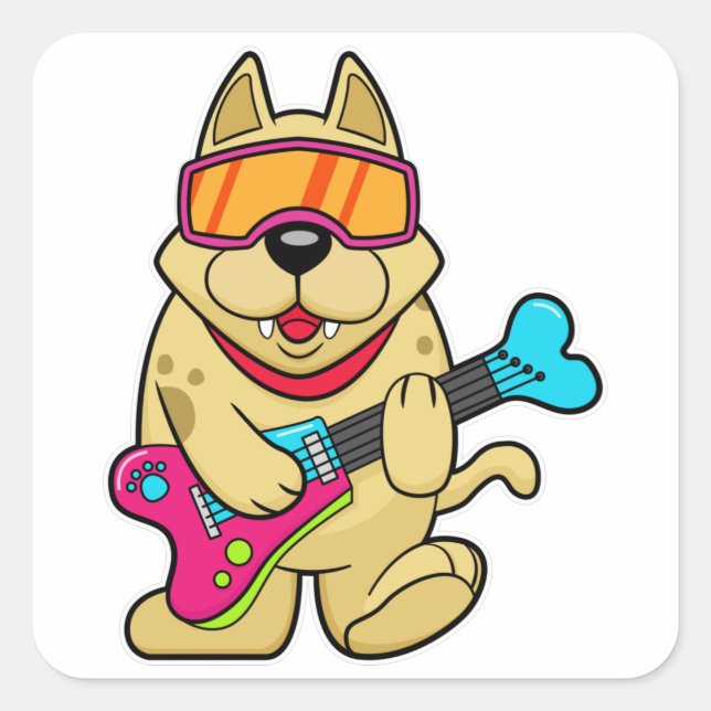Sticker Carré Chien comme musicien avec guitare (Devant)