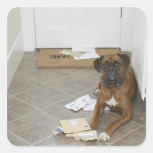 Sticker Carré Chien couché par paillasson et courrier mâché