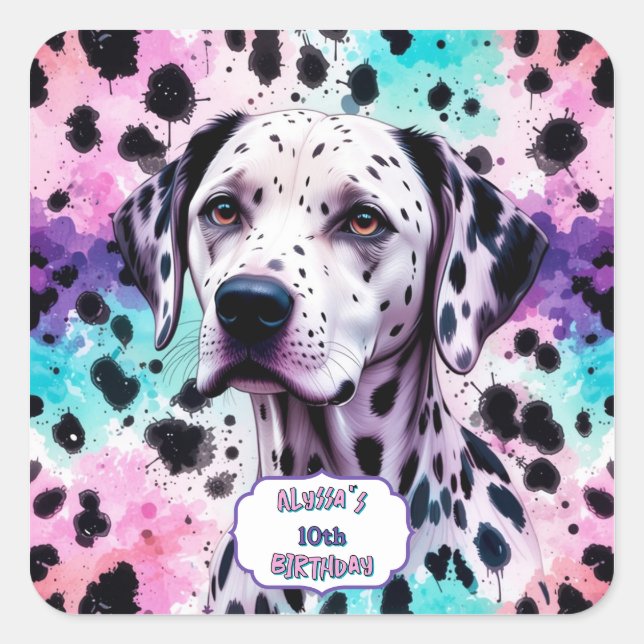 Sticker Carré Chien dalmate rose violet turquoise Anniversaire (Devant)