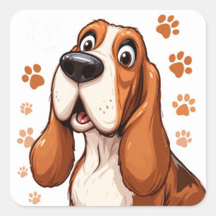 Sticker Carré Chien de Basset joyeux avec empreintes d'Orange
