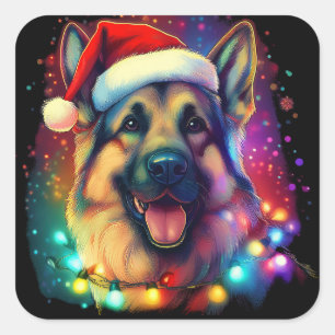Sticker Carré Chien de berger allemand de Noël avec chapeau de P