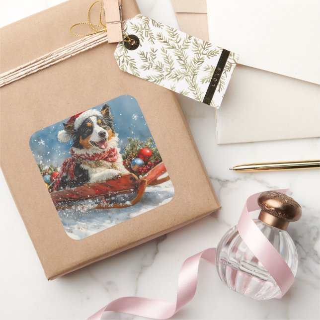 Sticker Carré Chien de berger australien en Noël à Sledge (Cadeaux)