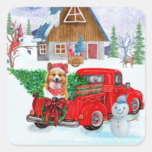 Sticker Carré Chien de Corgi dans la livraison de Noël Camion ne