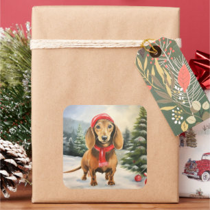 Sticker Carré Chien de Dachshund à Noël de neige