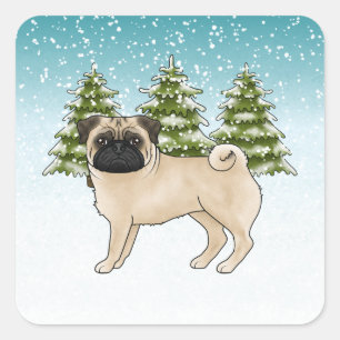 Sticker Carré Chien de dessin animé mignon Pug faon Forêt enneig