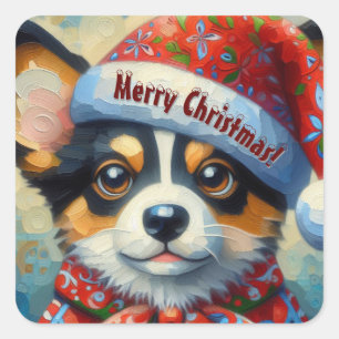 Sticker Carré Chien de Noël Chien Chien Chien Puppy avec Santa H