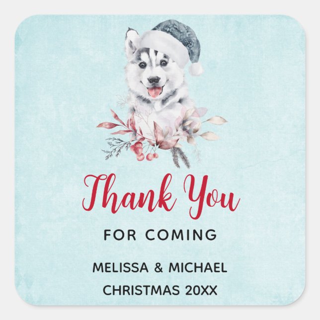 Sticker Carré Chien de Noël Husky dans un Merci de Santa Hat (Devant)