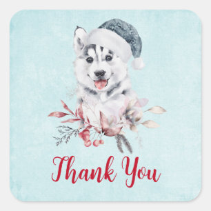 Sticker Carré Chien de Noël Husky dans un Merci de Santa Hat
