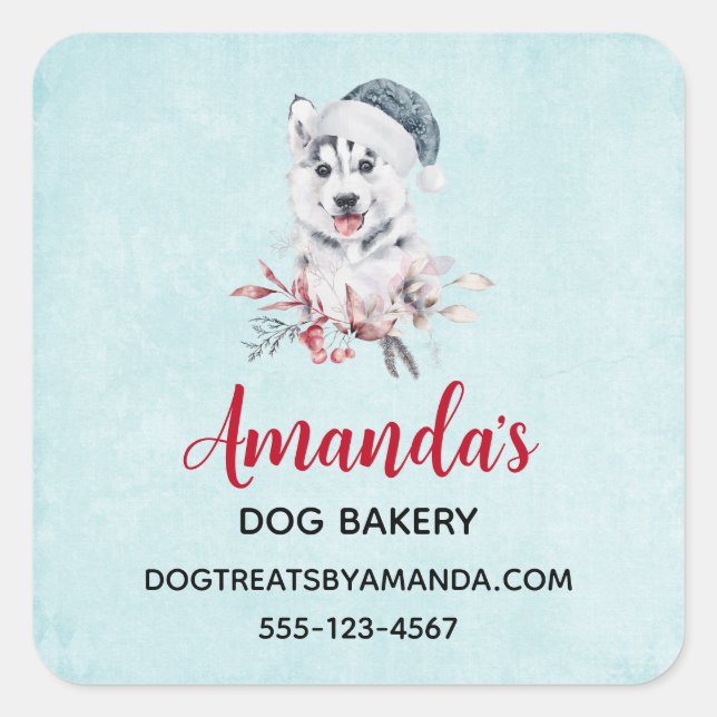 Sticker Carré Chien de Noël Husky dans une entreprise de Santa H (Devant)