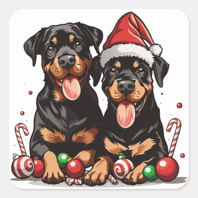 Sticker Carré Chien de Noël Rottweiler Père Noël (Devant)