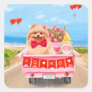 Sticker Carré Chien de Poméranie Saint Valentin Coeurs de Camion