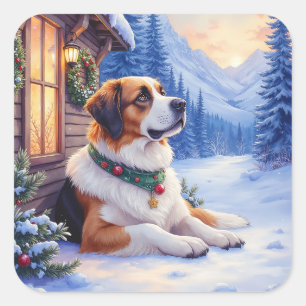 Sticker Carré Chien de Saint-Bernard Lodge de montagne enneigé N