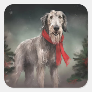 Sticker Carré Chien de Wolfhound à Noël de neige