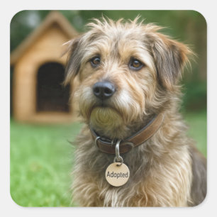 Sticker Carré Chien débraillé adopté avec niche