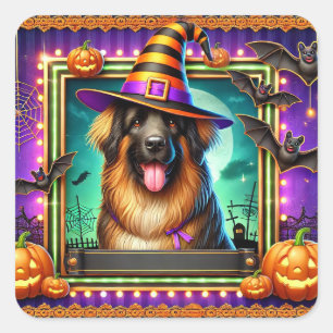 Sticker Carré Chien d'Halloween avec chapeau de sorcière