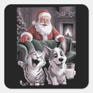 Sticker Carré Chien drôle et selfie de chat avec Santa Noël