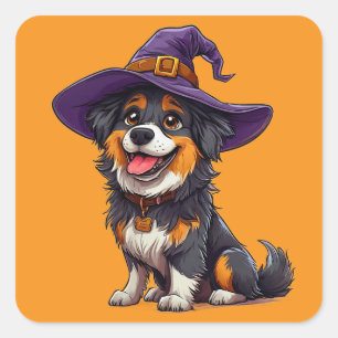 Sticker Carré Chien drôle portant un chapeau de sorcier violet H