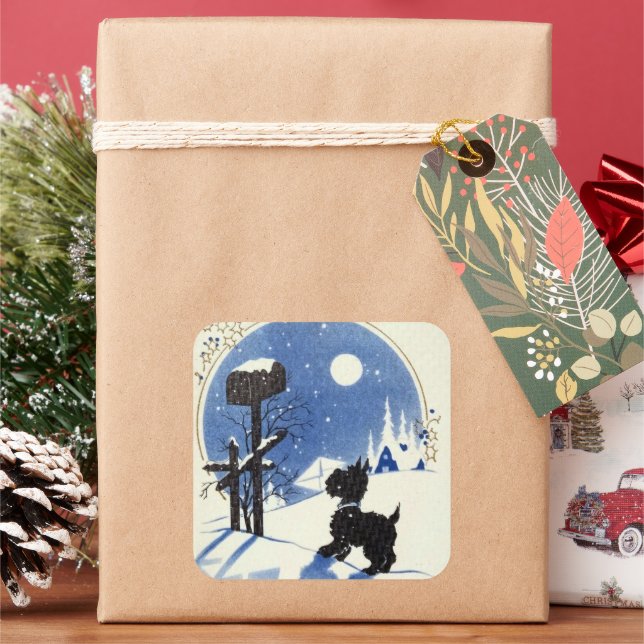 Sticker Carré chien écossais de Noël rétro (vacances)