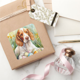 Sticker Carré Chien Épagneul Breton avec œufs de Pâques