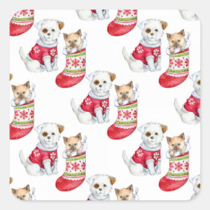 Sticker Carré Chien et chat de Noël